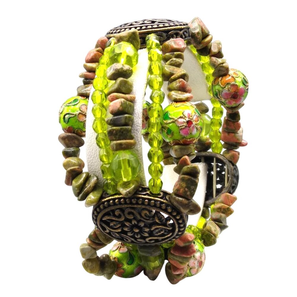 Vintage Multi Strand Green Stretch Bracelet with Unakite Jasper Chips, Faceted